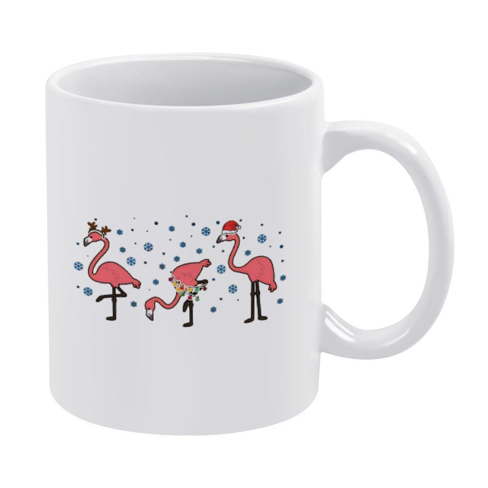 Tailorly White Ceramic 11 oz Mug - Three Whimsical Pink Flamingos Wearing Festive Santa Hats Among Colorful Snow Dots Flamingo