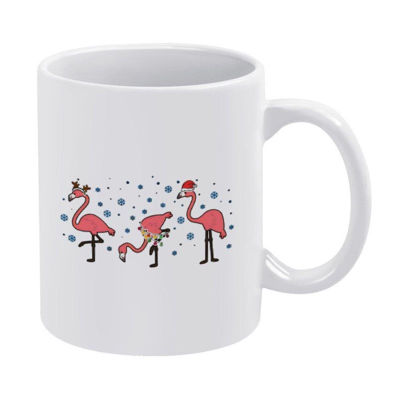 Tailorly White Ceramic 11 oz Mug - Three Whimsical Pink Flamingos Wearing Festive Santa Hats Among Colorful Snow Dots Flamingo