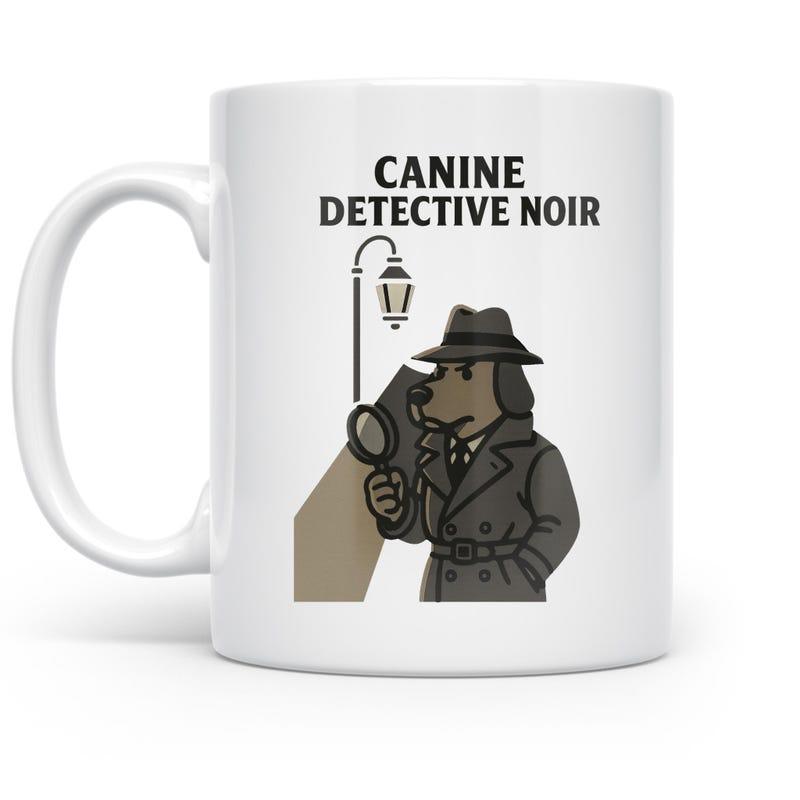 Tailorly White Ceramic 11 oz Mug - Canine Detective Noir Anthropomorphic Dog Wearing Trench Coat And Fedora Under Vintage Street Lamp Detective