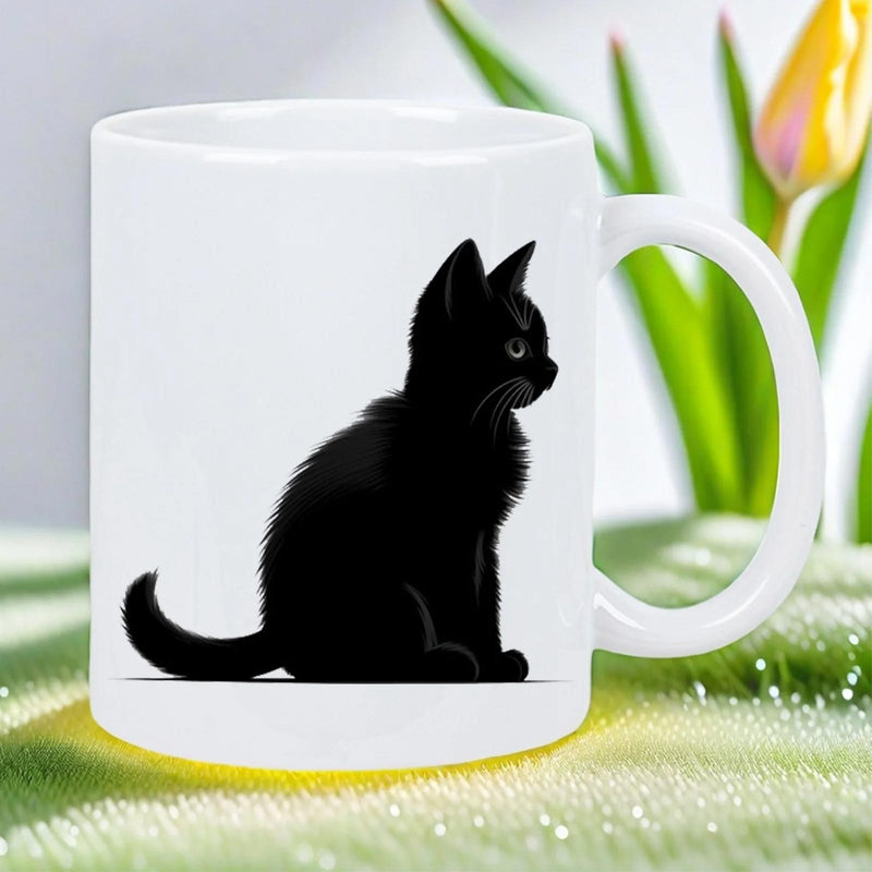 Tailorly White Ceramic 11 oz Mug - Elegant Silhouette Of A Sitting Feline With Graceful Curved Tail Black Cat