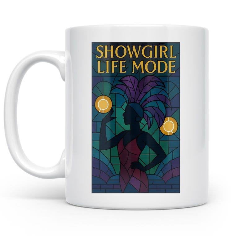 Tailorly White Ceramic 11 oz Mug - Showgirl Life Mode Elegant Silhouette Wearing Purple Feathers Among Stained Glass Showgirl