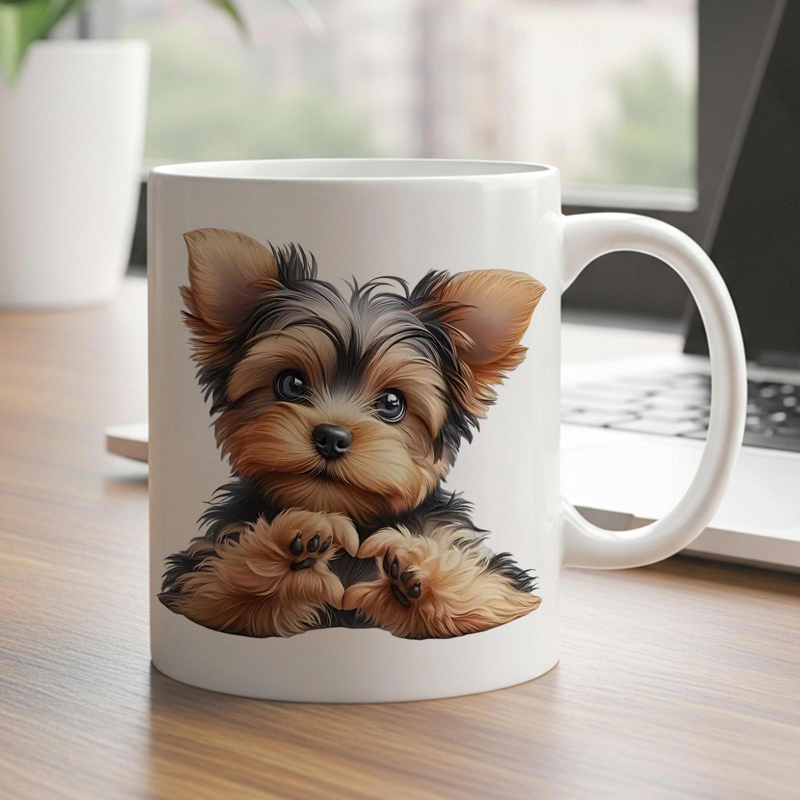 Tailorly White Ceramic 11 oz Mug - Cute Tiny Yorkshire Terrier Making Heart With Small Paws Puppy