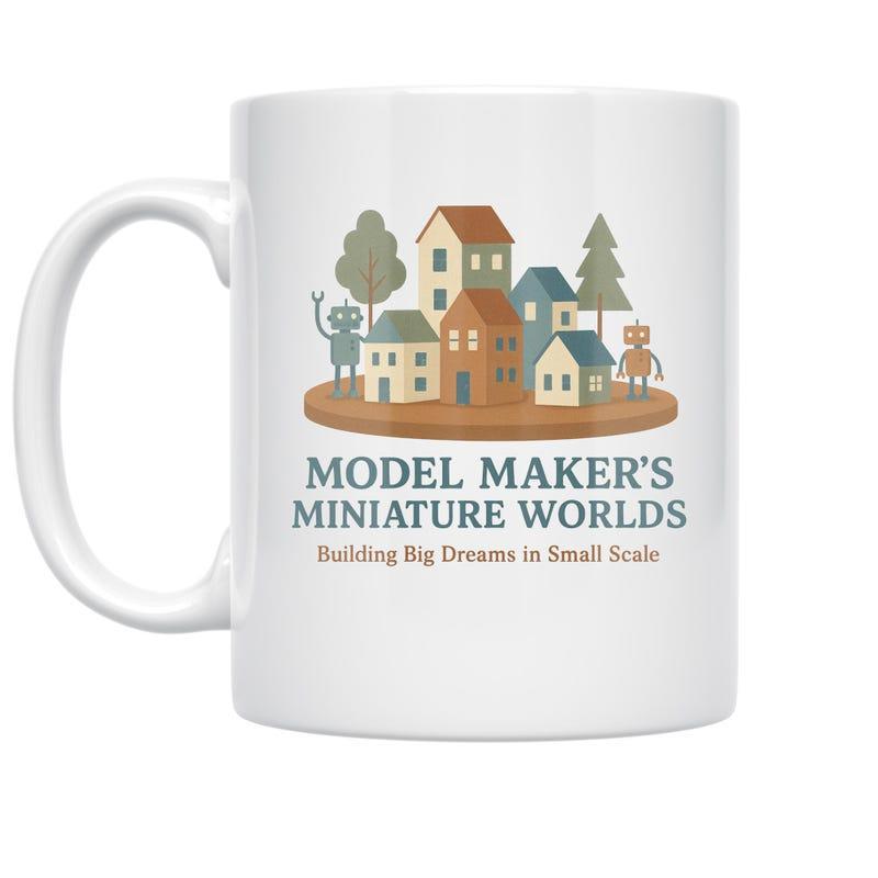 Tailorly White Ceramic 11 oz Mug - Model Makers Miniature Worlds Building Big Dreams In Small Scale Tiny Houses And Little Robots Standing Among A Charming