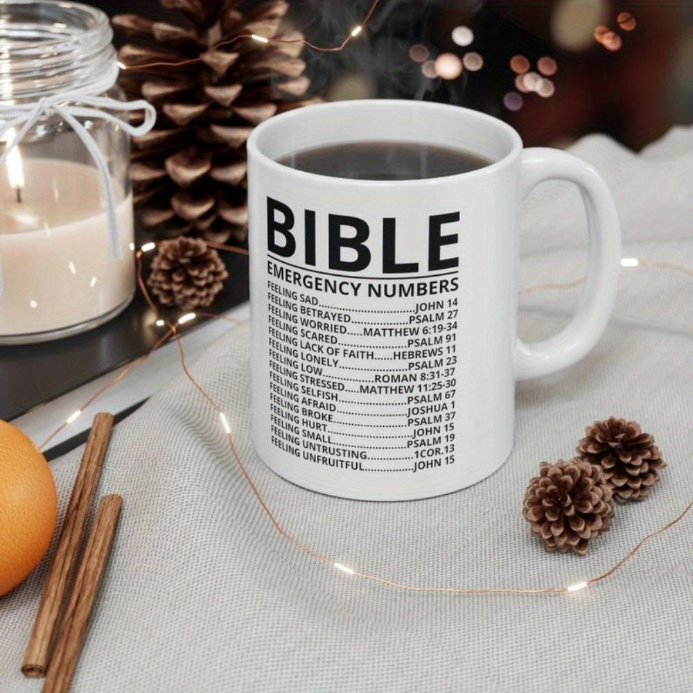 Tailorly White Ceramic 11 oz Mug - Bible Emergency Numbers Minimalist White Ceramic Kitchenware Featuring A Spiritual List Of Religious Verses Mug