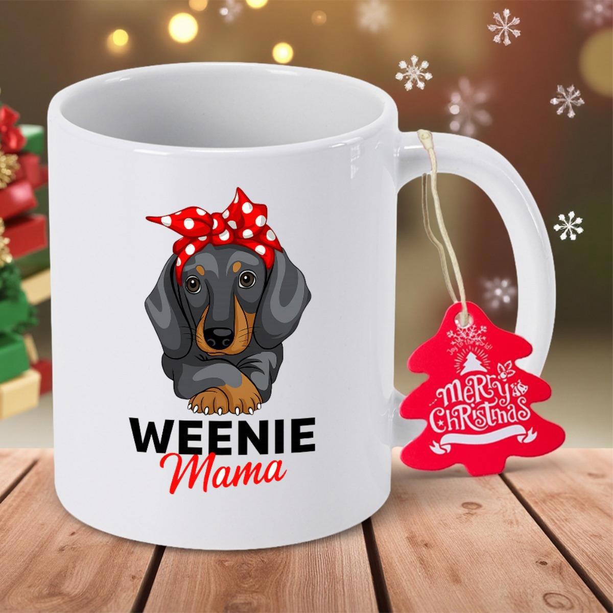 Tailorly White Ceramic 11 oz Mug - Weenie Mama Adorable Dachshund Wearing A Red Polka Dot Bandana Sitting Gracefully Dachshund