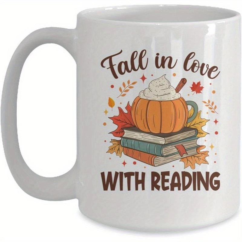 Tailorly White Ceramic 11 oz Mug - Fall In Love With Reading Warm Autumn Scene With Pumpkin Latte Resting On Stacked Books Among Leaves Book