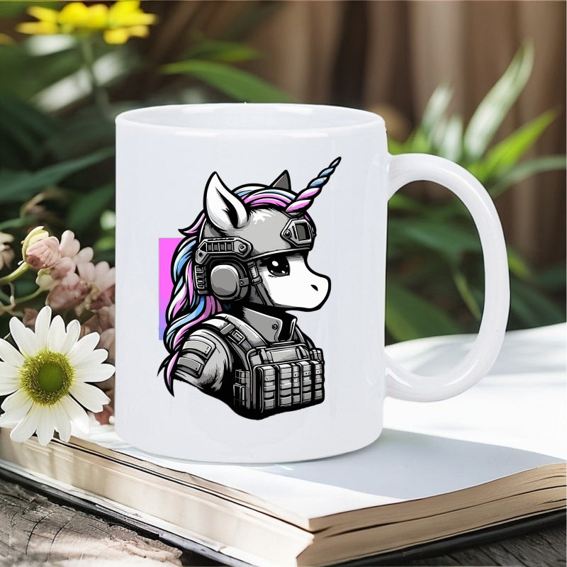 Tailorly White Ceramic 11 oz Mug - Cartoonish Tactical Military Helmet Protective Armor Plate Carrier Vest Unicorn