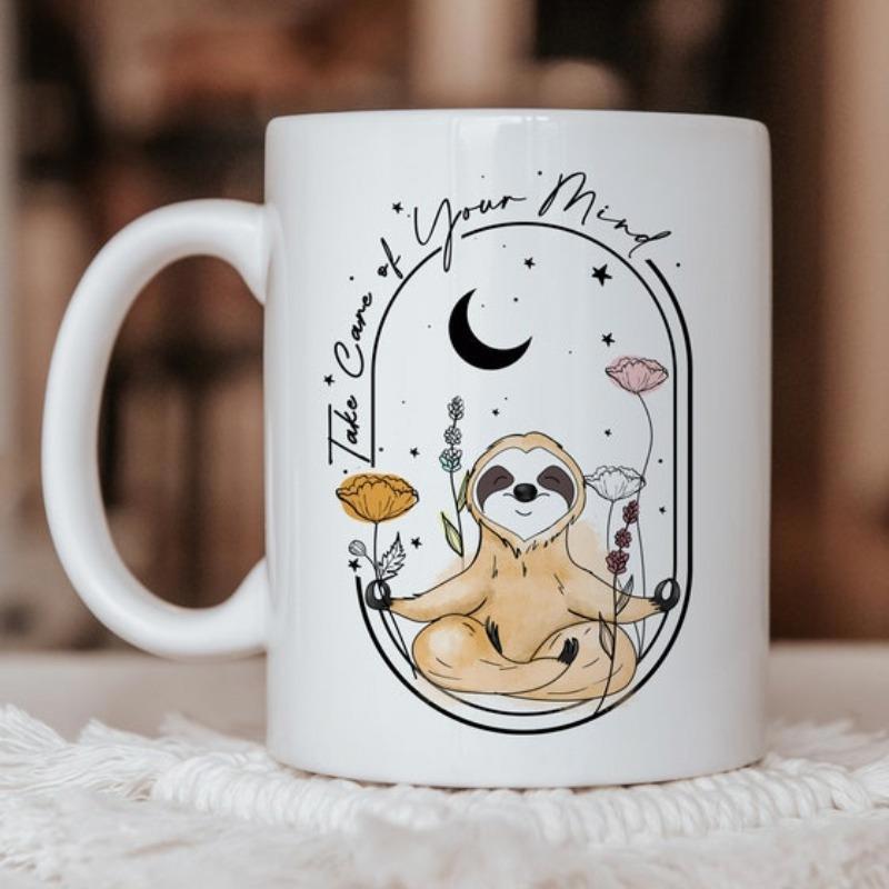 Tailorly White Ceramic 11 oz Mug - Take Care Of Your Mind Zen Peaceful Animal Meditating With Delicate Wildflowers Under A Crescent Moon Sloth