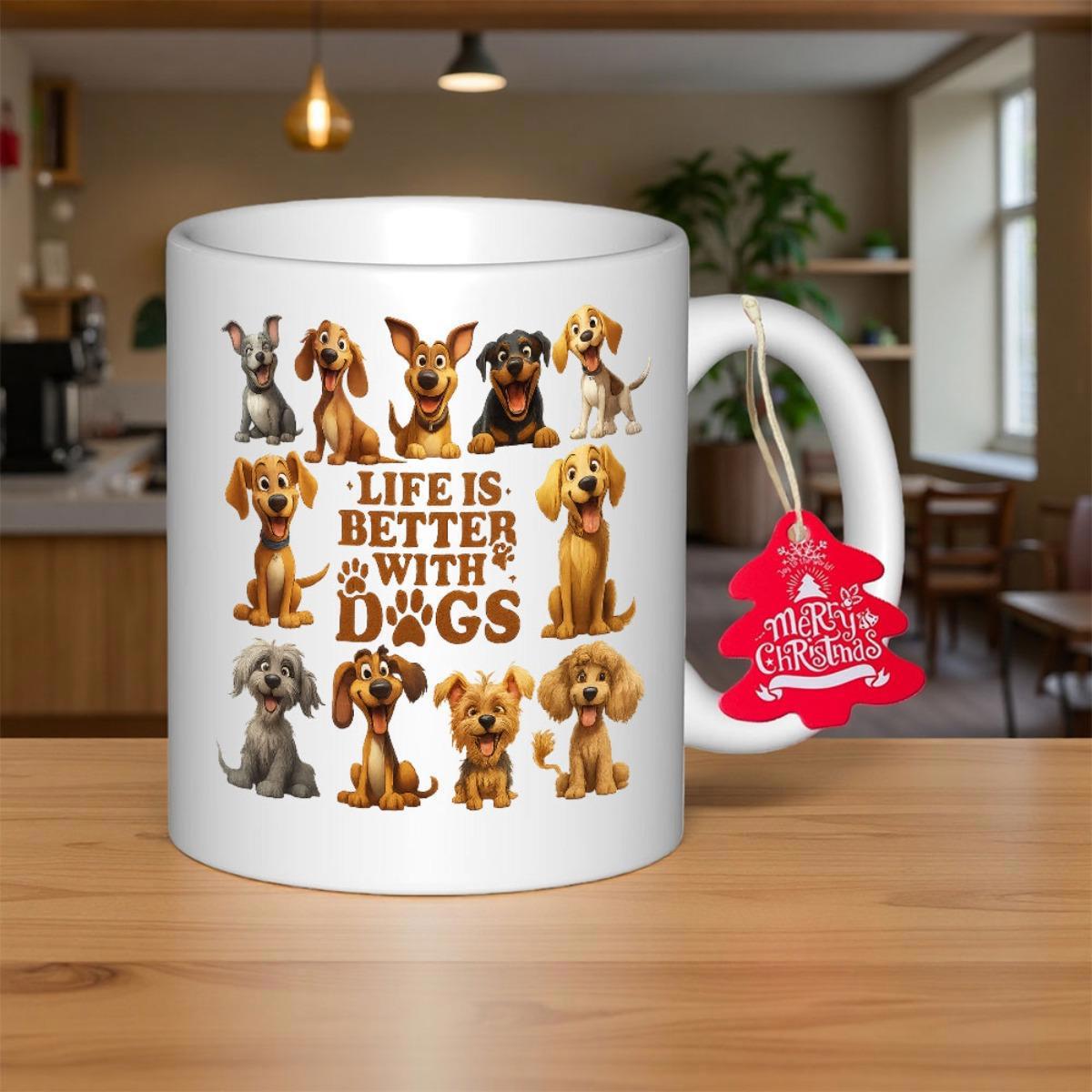 Tailorly White Ceramic 11 oz Mug - Life Is Better With Dogs Various Cute Cartoon Puppies Arranged Around Heartwarming Themed Brown Text Dog