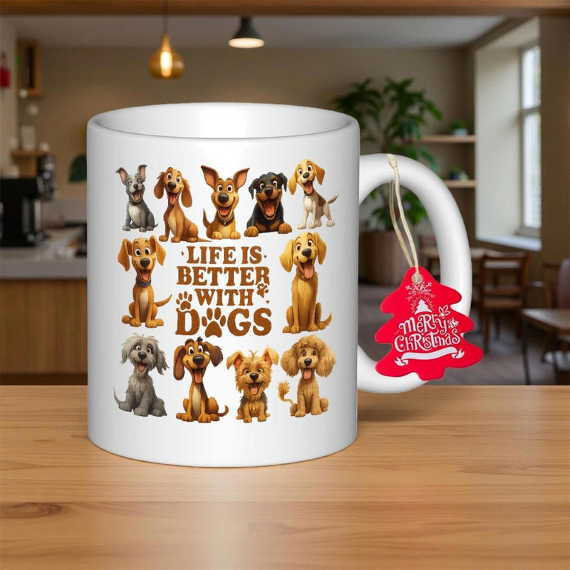 Tailorly White Ceramic 11 oz Mug - Life Is Better With Dogs Various Cute Cartoon Puppies Arranged Around Heartwarming Themed Brown Text Dog