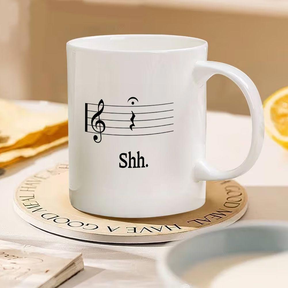 Tailorly White Ceramic 11 oz Mug - Shh Minimalist Musical Staff With Treble Clef And Fermata Symbol Above Resting Note Mug