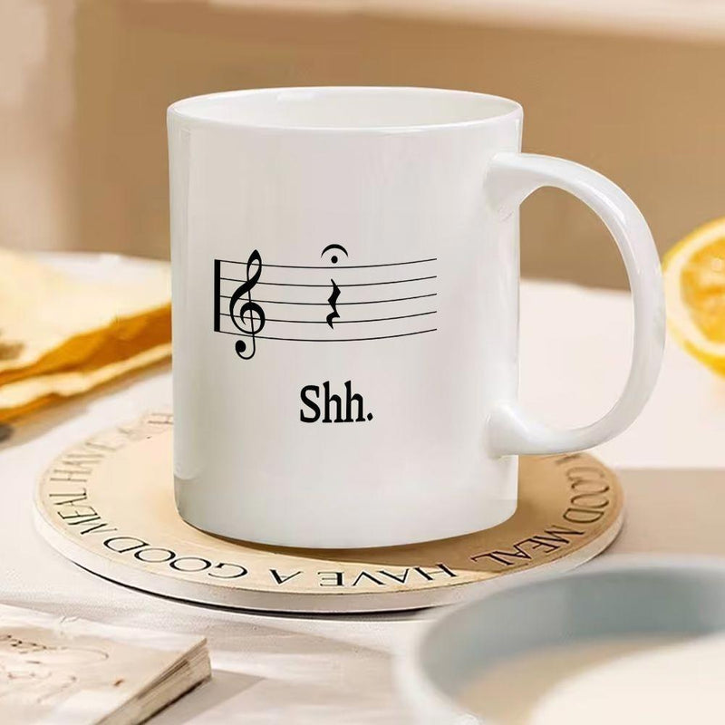 Tailorly White Ceramic 11 oz Mug - Shh Minimalist Musical Staff With Treble Clef And Fermata Symbol Above Resting Note Mug