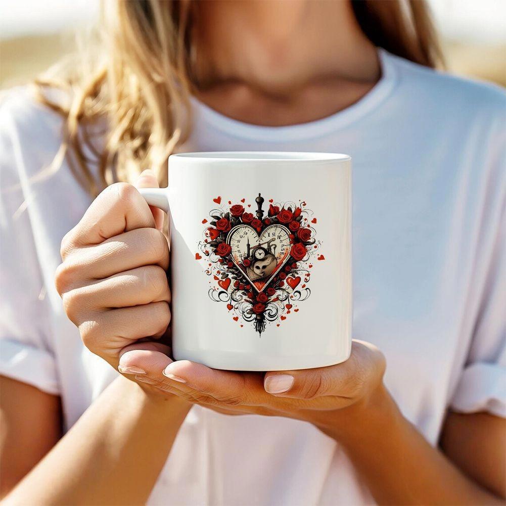 Tailorly White Ceramic 11 oz Mug - Intricate Vintage Tattoo Style With Red Roses And Small Flying Birds Ornate Heart