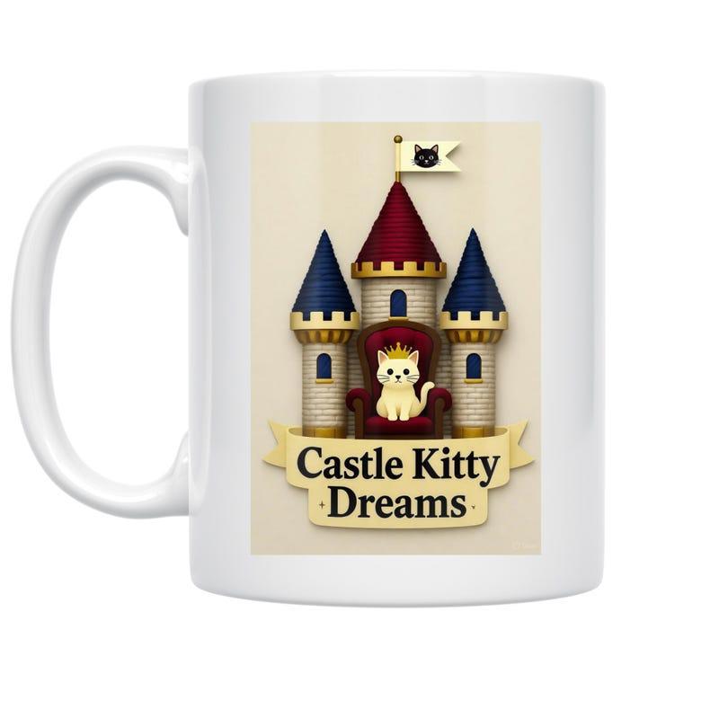 Tailorly White Ceramic 11 oz Mug - Castle Kitty Dreams Whimsical Fantasy Kingdom With Adorable Crowned Feline Guarding Its Royal Castle