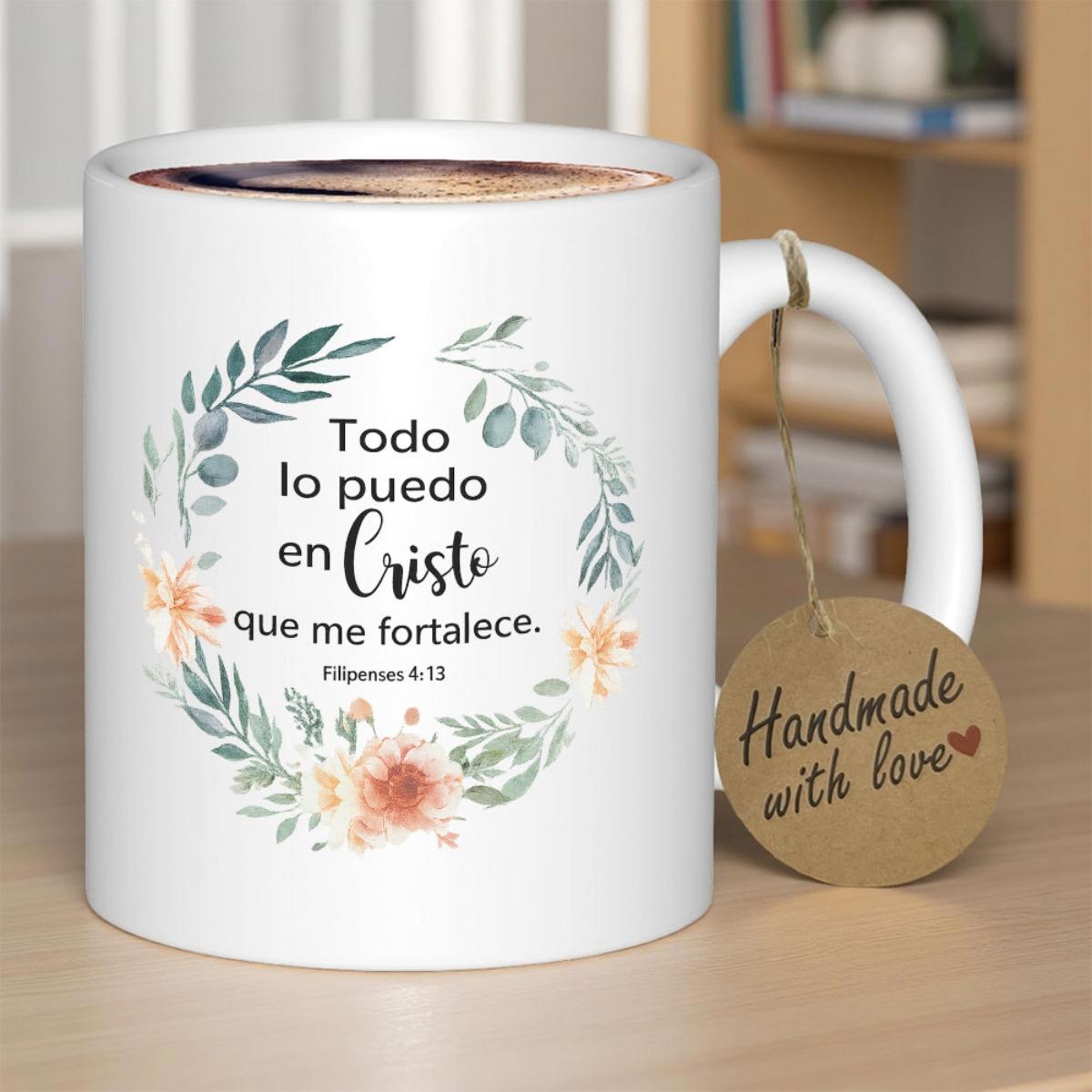 Tailorly White Ceramic 11 oz Mug - Handmade With Love Soft Watercolor Blossoms Within An Intricate Circle Of Green Botanical Leaves Wreath