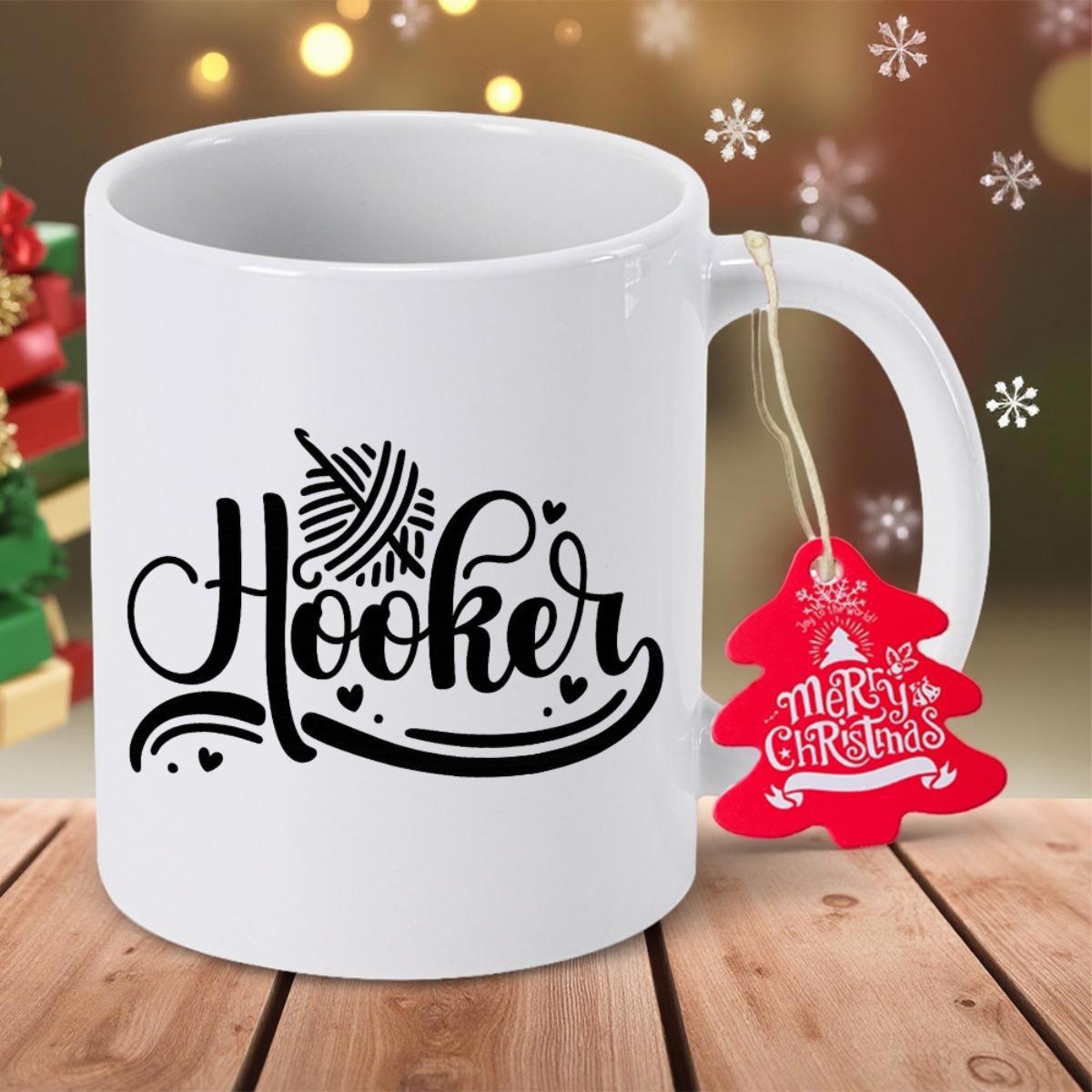 Tailorly White Ceramic 11 oz Mug - Hooker Detailed Crochet Hook Inside A Round Ball Of Textured Yarn