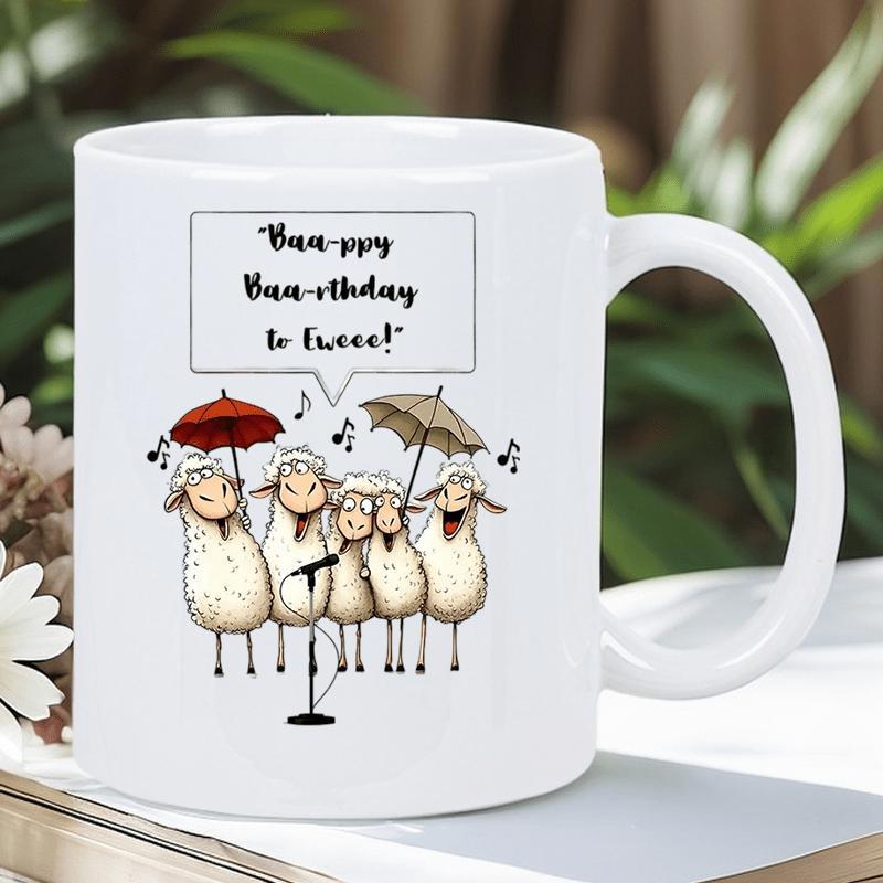 Tailorly White Ceramic 11 oz Mug - Baappy Baarthday To Eweee Adorable Singing Sheep Group Performing With Microphones Under Colorful Umbrellas Sheep