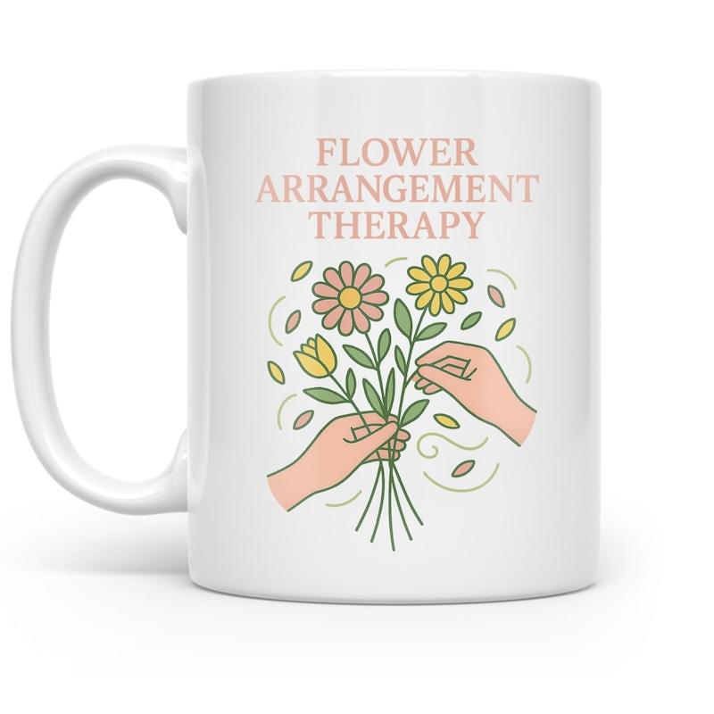 Tailorly White Ceramic 11 oz Mug - Flower Arrangement Therapy Minimalist Line Art Delicate Hands Holding A Vibrant Floral Bouquet