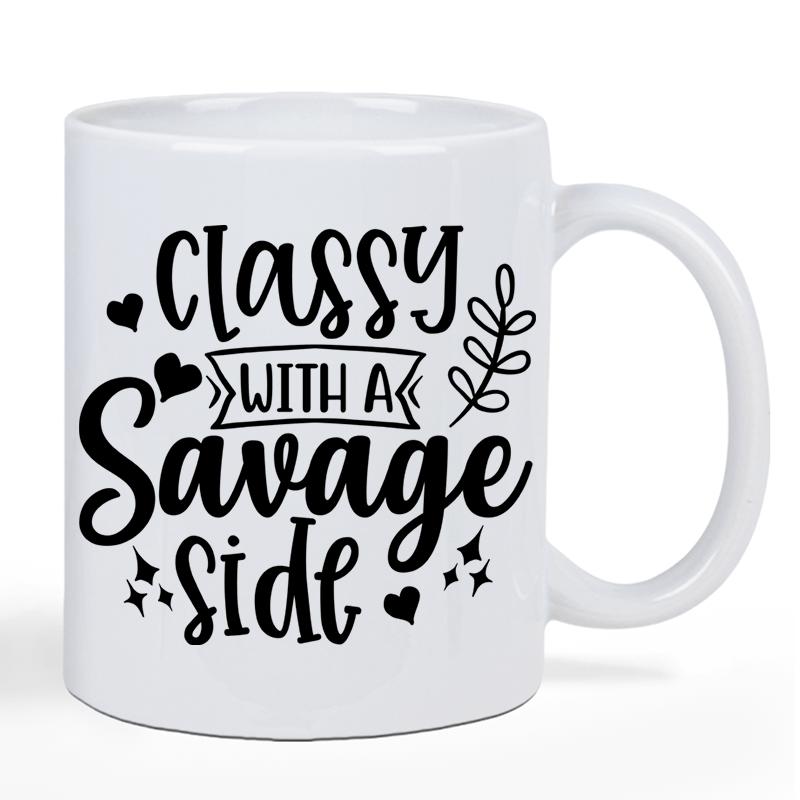 Tailorly White Ceramic 11 oz Mug - Classy With A Savage Side Elegant Script Lettering Decorated With Hearts Leaves And Sparkling Stars Mug