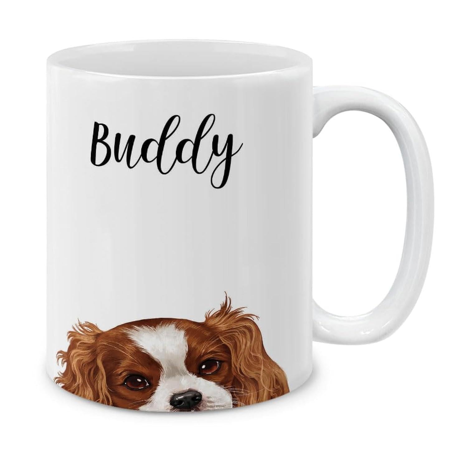Tailorly White Ceramic 11 oz Mug - Buddy Cute Brown And White Spaniel Peeking From Bottom Edge On Surface Dog