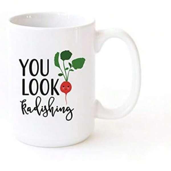 Tailorly White Ceramic 11 oz Mug - You Look Radishing Charming Red Vegetable With Vibrant Green Leaves And Cute Smiley Face Radish