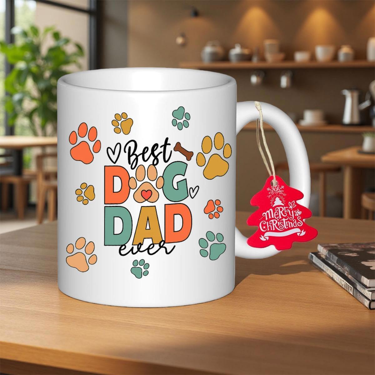 Tailorly White Ceramic 11 oz Mug - Best Dog Dad Ever Vibrant Paw Prints Scattered Around Stylized Typography With A Heart Paw