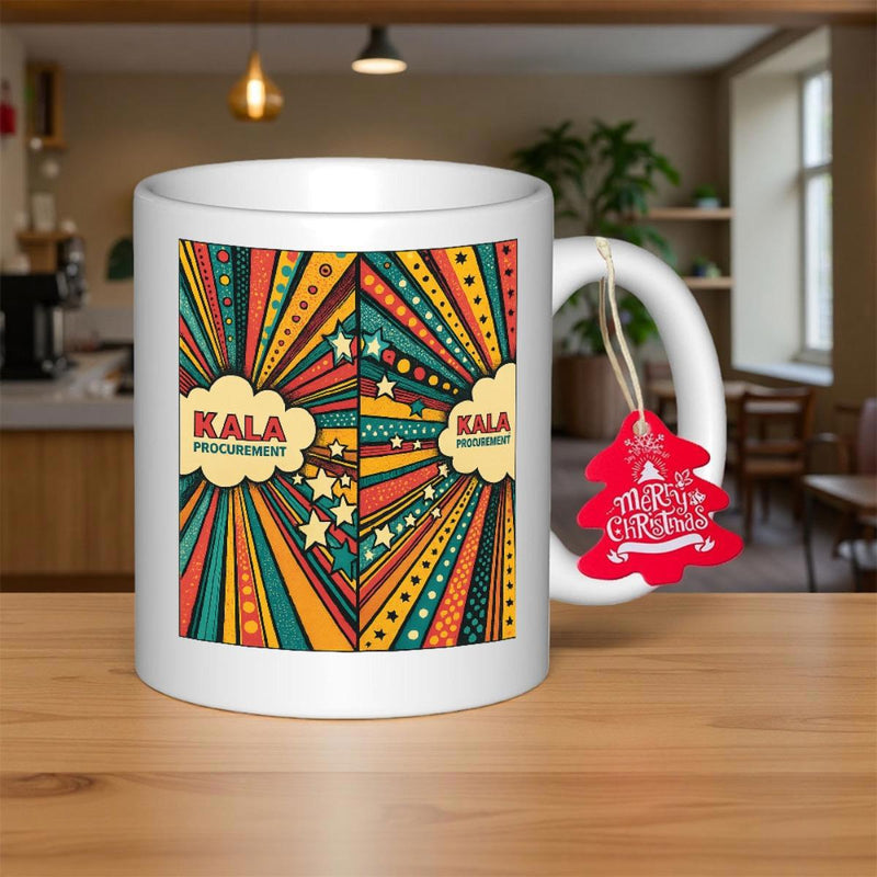Tailorly White Ceramic 11 oz Mug - Kala Procurement Merry Christmas Vibrant Retro Sunburst With Multi Colored Lines And Small Stars Mug