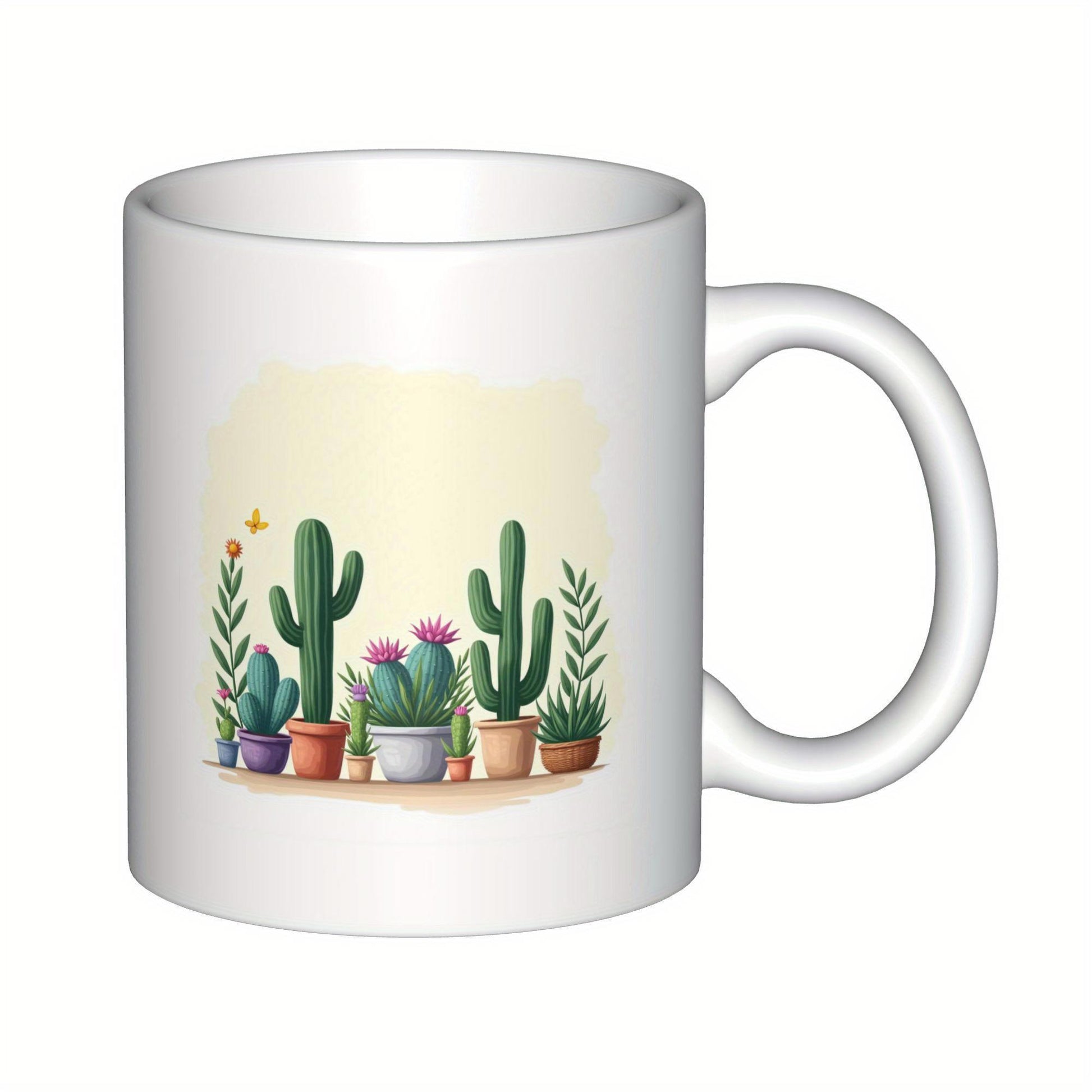 Tailorly White Ceramic 11 oz Mug - Collection Of Vibrant Potted Green Succulents Resting On Ground Cactus