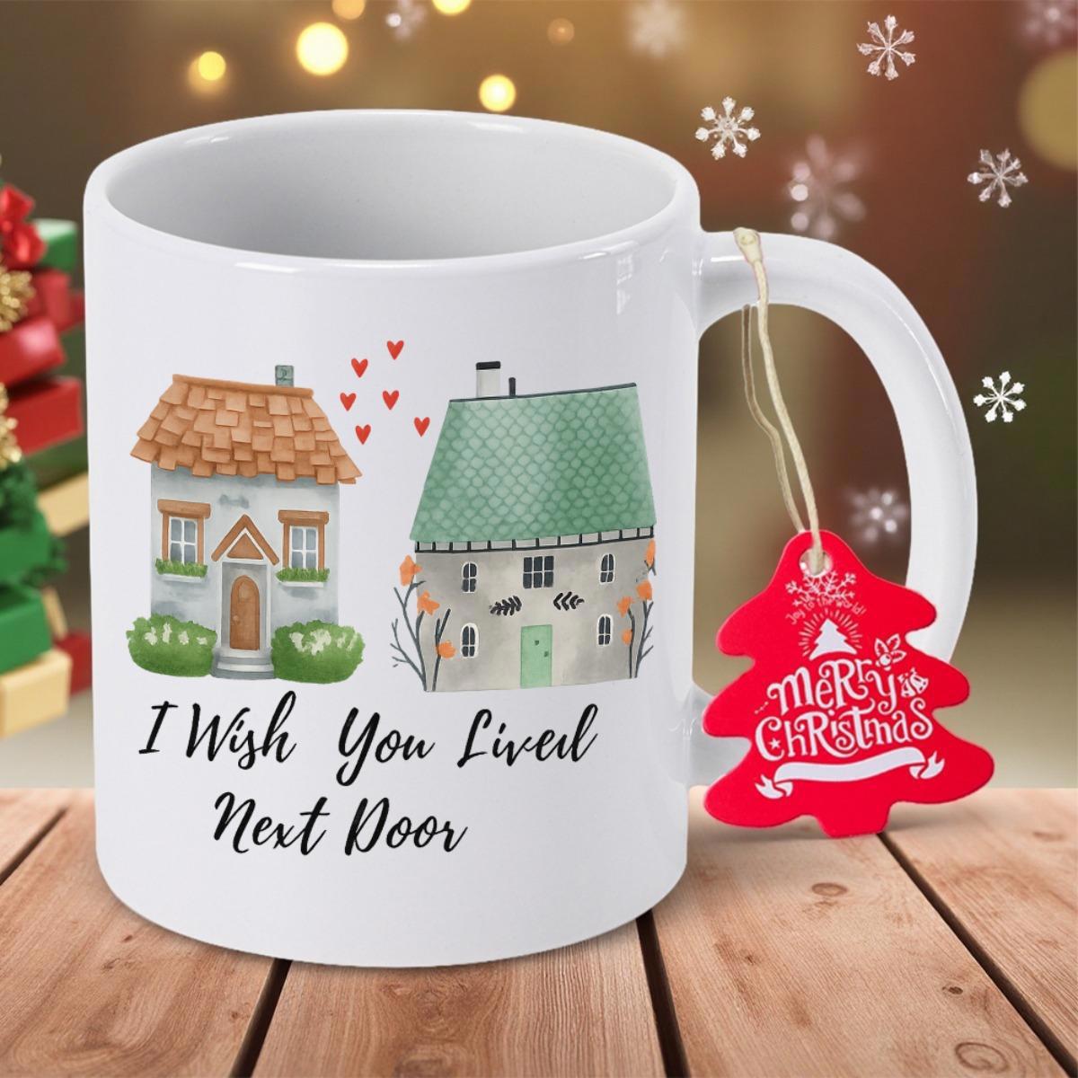 Tailorly White Ceramic 11 oz Mug - I Wish You Lived Next Door Two Charming Hand Painted Cottages With Small Red Hearts Between Them Cottage