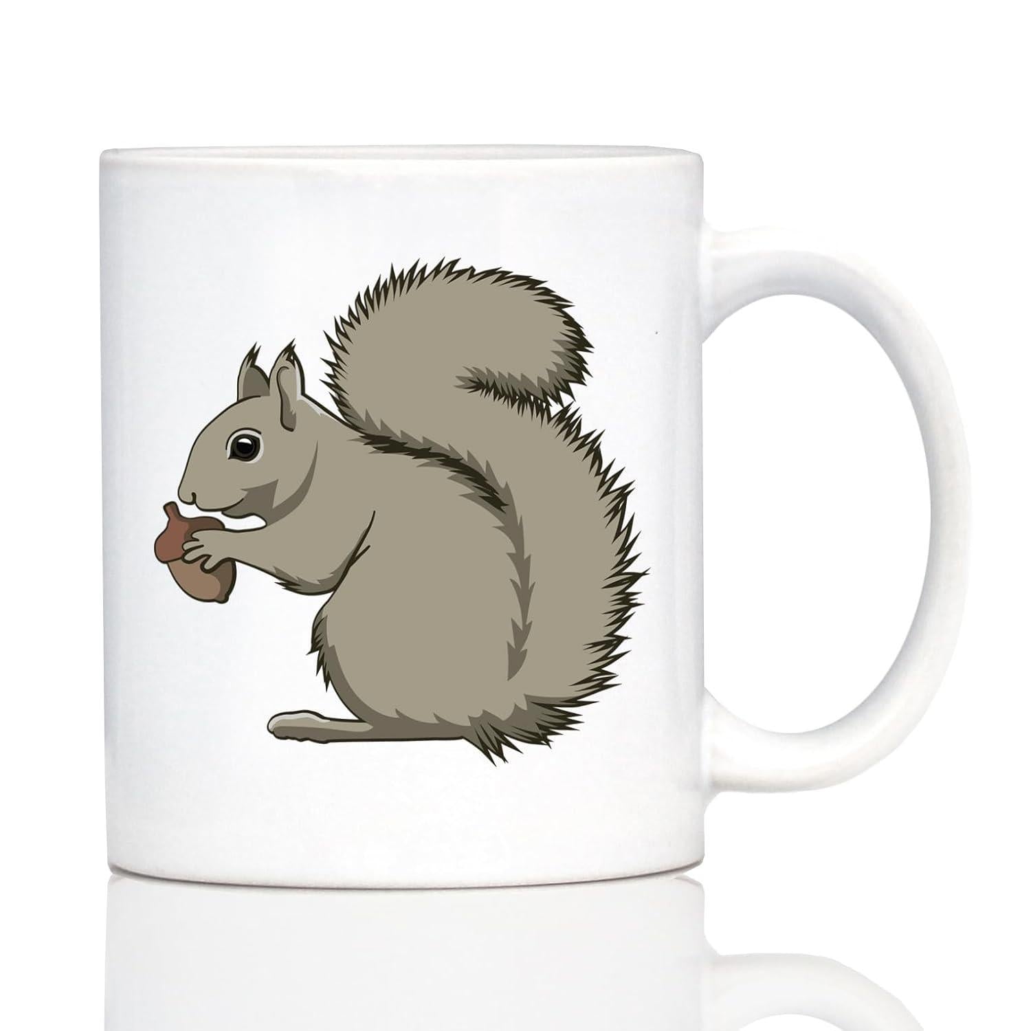 Tailorly White Ceramic 11 oz Mug - Fluffy Gray Animal Holding Small Brown Acorn Sitting In Still Position Squirrel