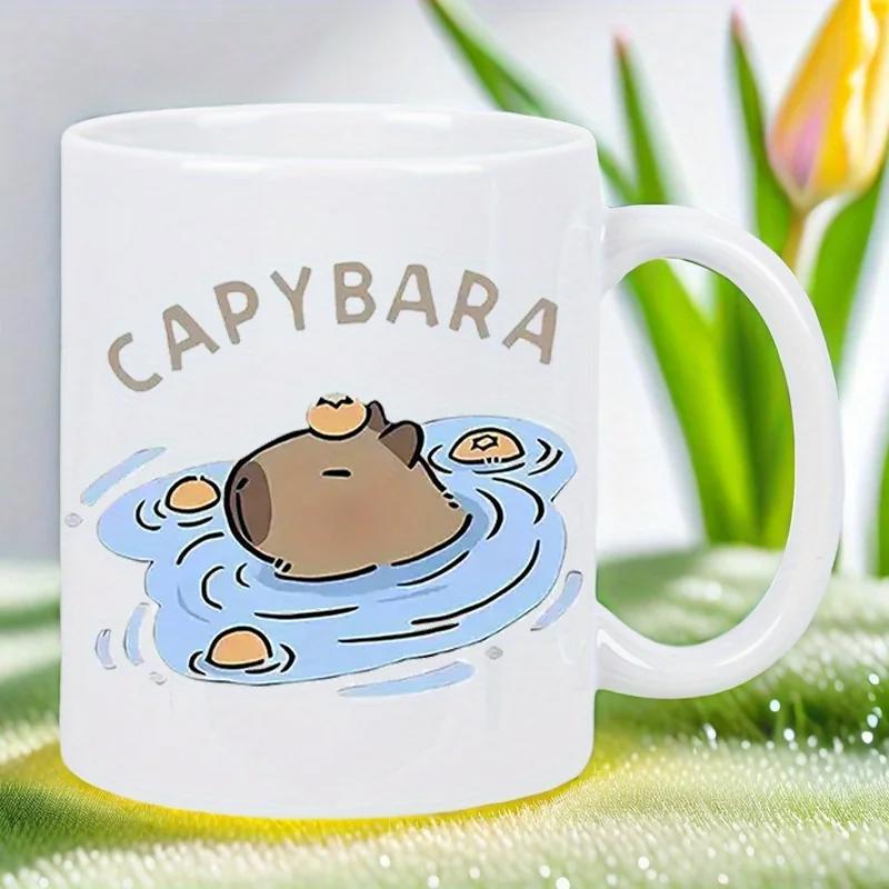 Tailorly White Ceramic 11 oz Mug - Capybara Cute Animal Floating In Blue Water With Small Orange Fruits Capybara