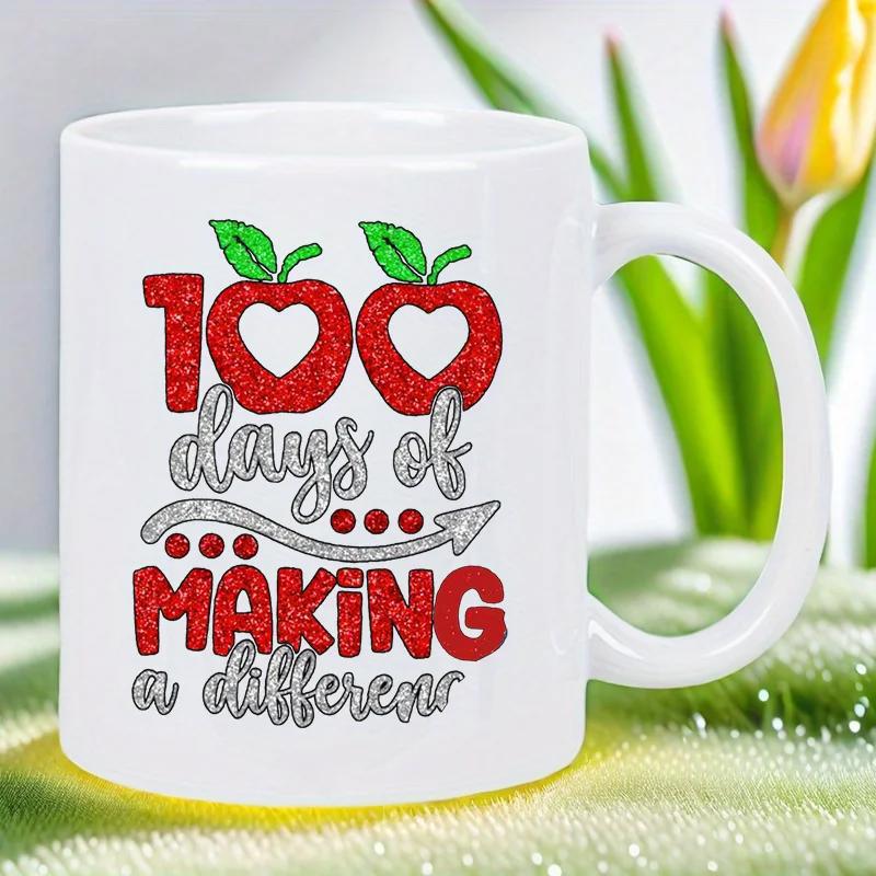 Tailorly White Ceramic 11 oz Mug - 100 Days Of Making A Difference Red Apples With Heart Cutouts And Sparkly Glitter Finish Apples