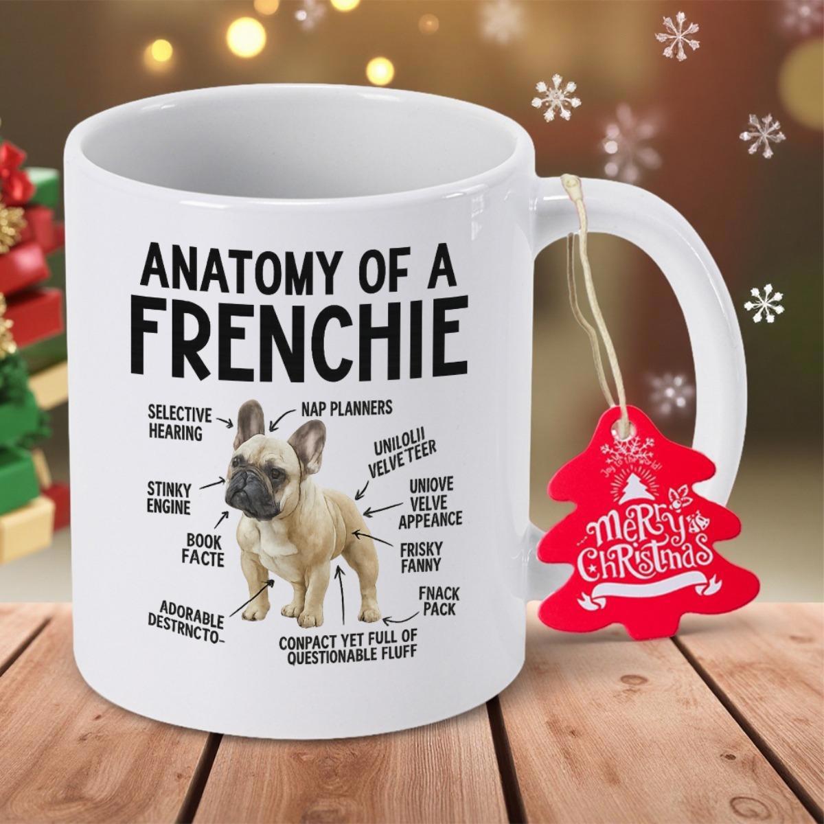 Tailorly White Ceramic 11 oz Mug - Anatomy Of A Frenchie Realistic Puppy Standing In Center Of Educational Anatomical Chart Frenchie