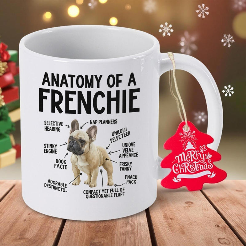 Tailorly White Ceramic 11 oz Mug - Anatomy Of A Frenchie Realistic Puppy Standing In Center Of Educational Anatomical Chart Frenchie