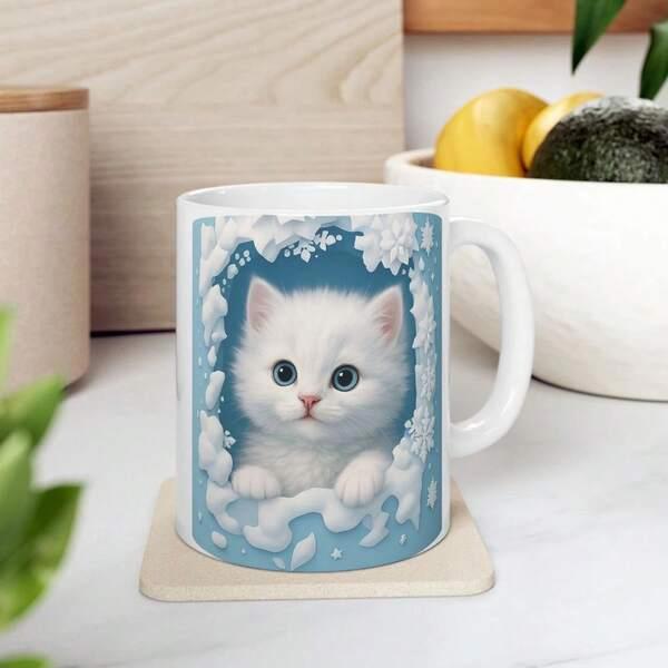 Tailorly White Ceramic 11 oz Mug - Fluffy White Feline Peeking Through A Soft Snowy Floral Winter Frame Kitten