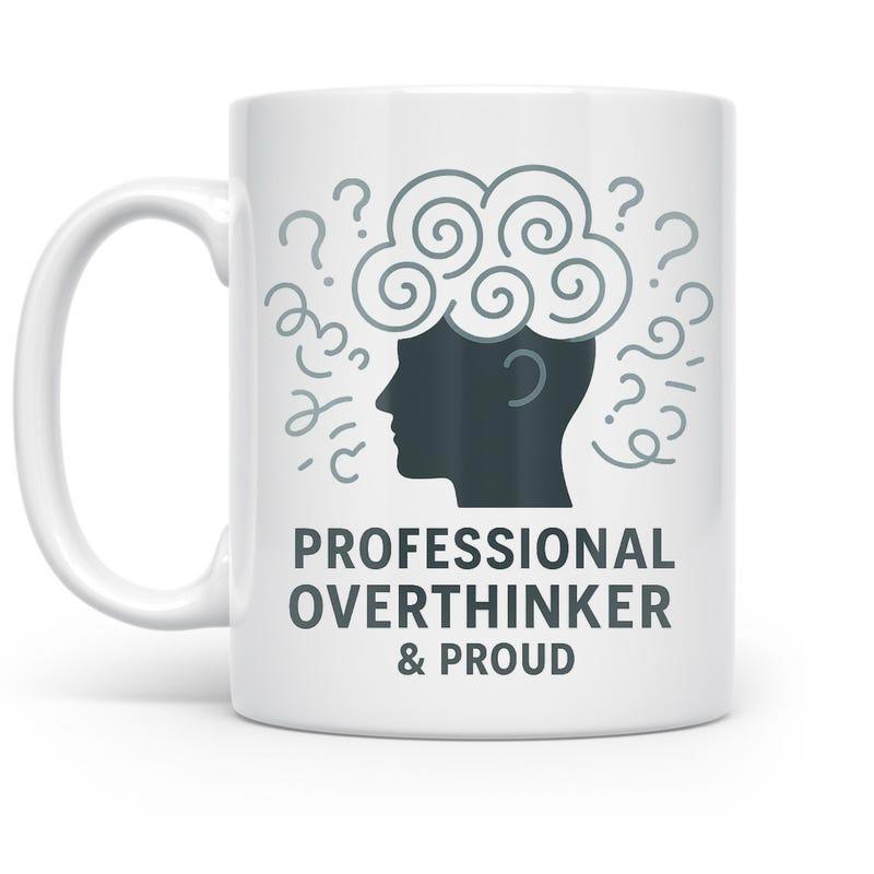 Tailorly White Ceramic 11 oz Mug - Professional Overthinker Proud Minimalist Human Head With Chaotic Swirls And Floating Symbols Silhouette