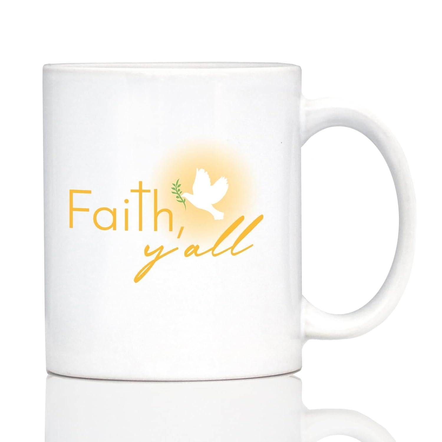 Tailorly White Ceramic 11 oz Mug - Faith Yall Peaceful White Dove Carrying Olive Branch Under Soft Glowing Golden Sun Dove