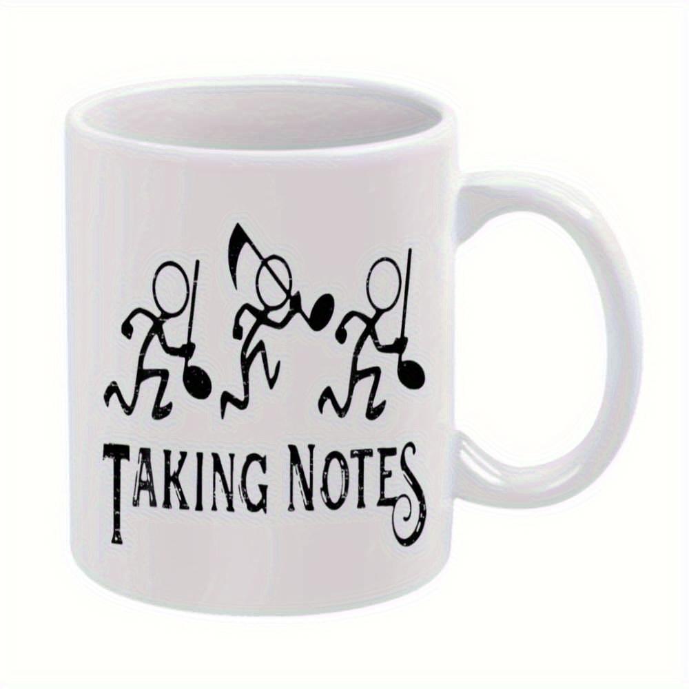 Tailorly White Ceramic 11 oz Mug - Taking Notes Three Stick Figures Carrying Musical Notes Across Plain White Surface Stickman