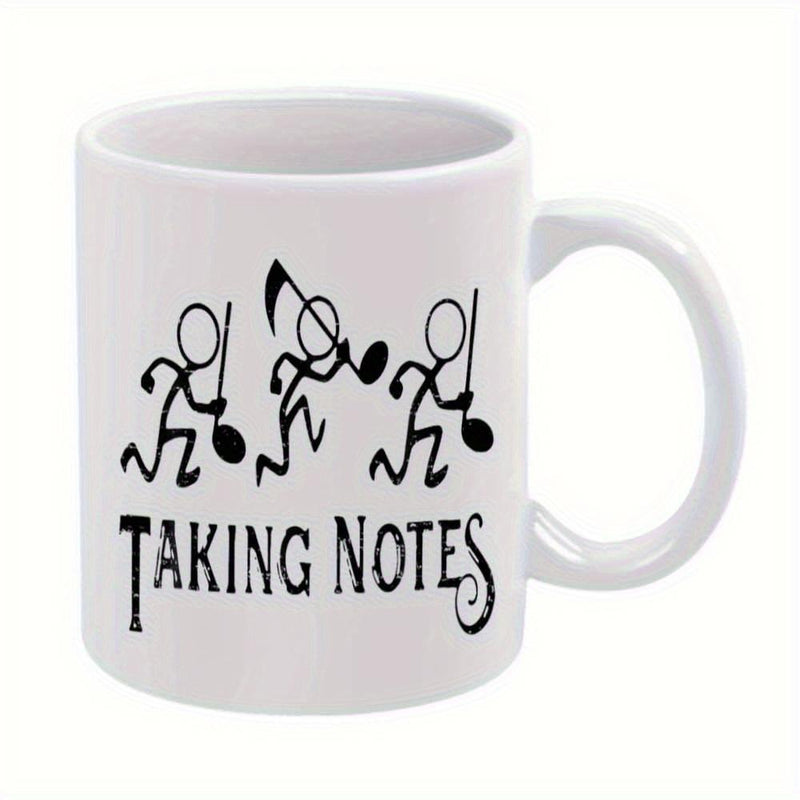 Tailorly White Ceramic 11 oz Mug - Taking Notes Three Stick Figures Carrying Musical Notes Across Plain White Surface Stickman