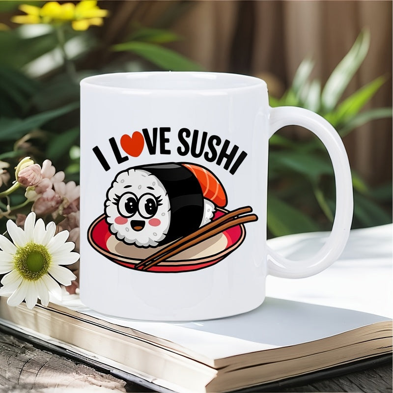 Tailorly White Ceramic 11 oz Mug - I Love Sushi Cute Smiling Maki Roll On Red Plate With Small Wooden Chopsticks Sushi
