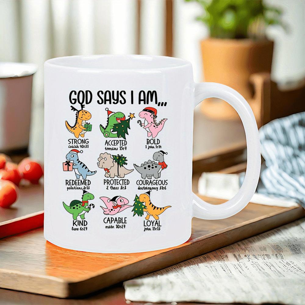 Tailorly White Ceramic 11 oz Mug - God Says I Am Nine Cute Colorful Cartoon Dinosaurs Wearing Festive Christmas Accessories In Grid Pattern Dinosaur