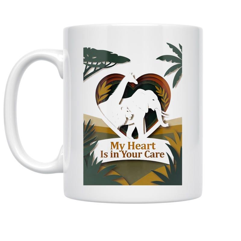 Tailorly White Ceramic 11 oz Mug - My Heart Is In Your Care Majestic Safari Animals Forming A Heart Shape Amidst Lush Tropical Foliage Elephant