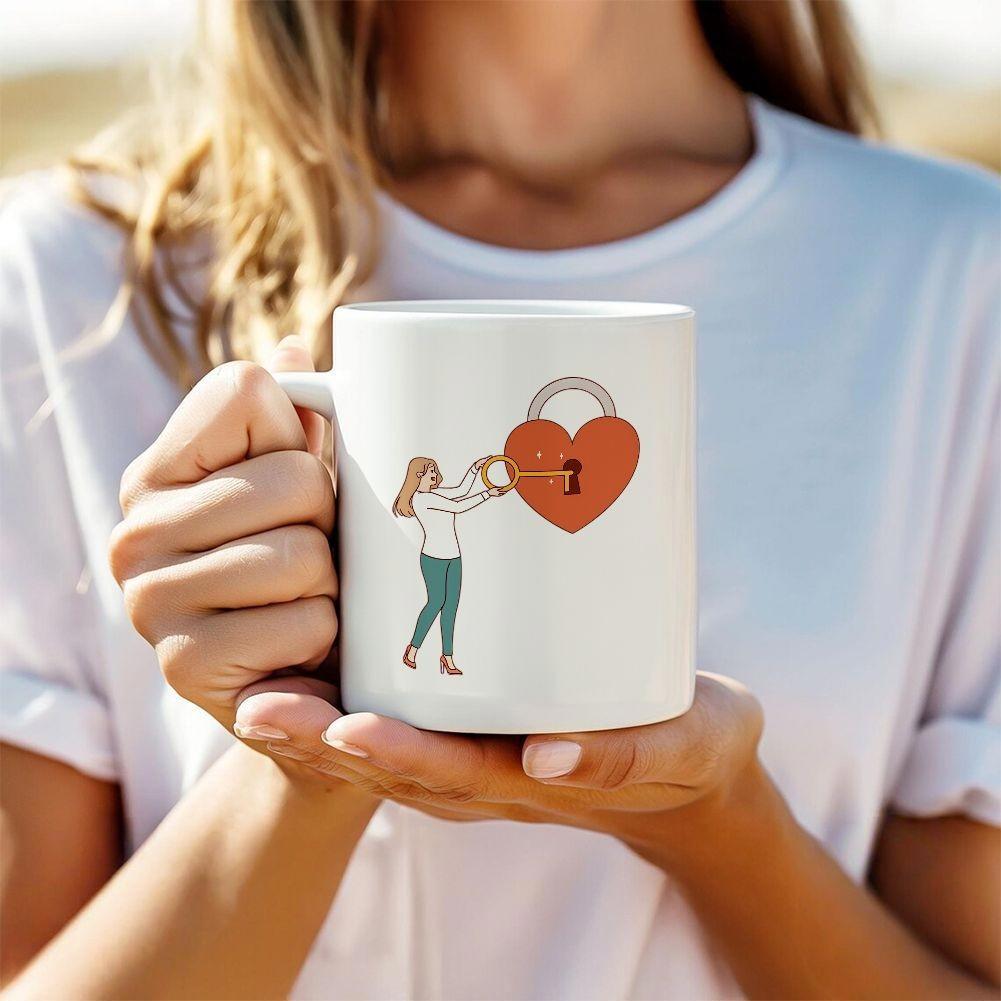 Tailorly White Ceramic 11 oz Mug - Elegant Woman Using A Key To Open A Large Red Padlock Heart