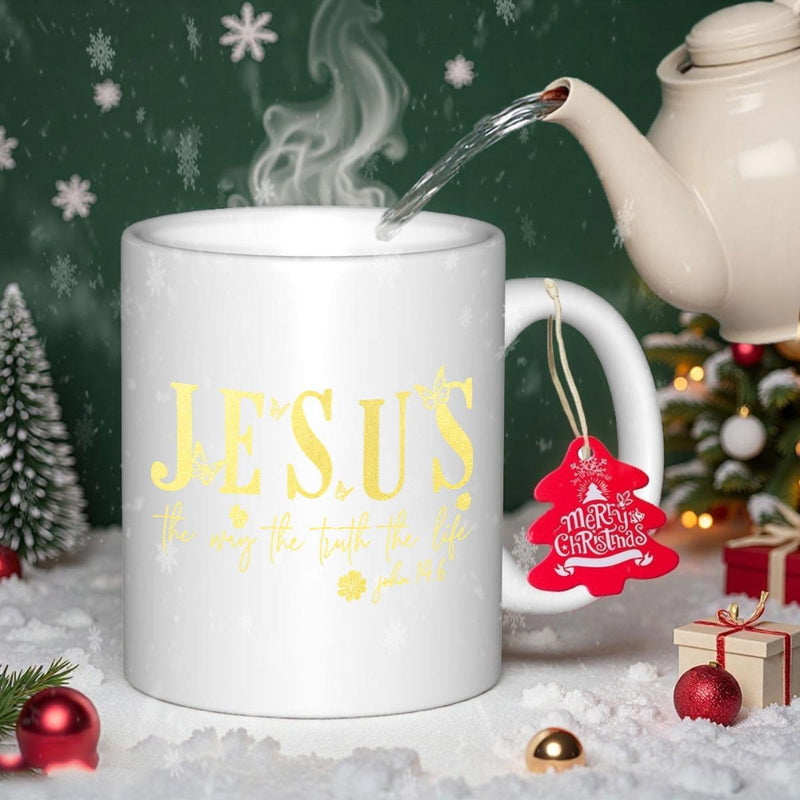 Tailorly White Ceramic 11 oz Mug - Jesus Is The Reason For The Season Minimalist White Ceramic With Elegant Golden Typography Celebrating Religious Holiday Spirit
