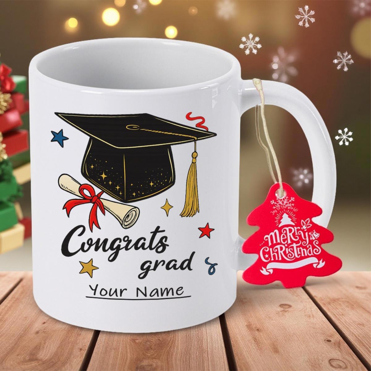 Tailorly White Ceramic 11 oz Mug - Congrats Grad Your Name Classic Black Graduation Cap Beside Tied Diploma Among Shining Little Festive Stars Mortarboard