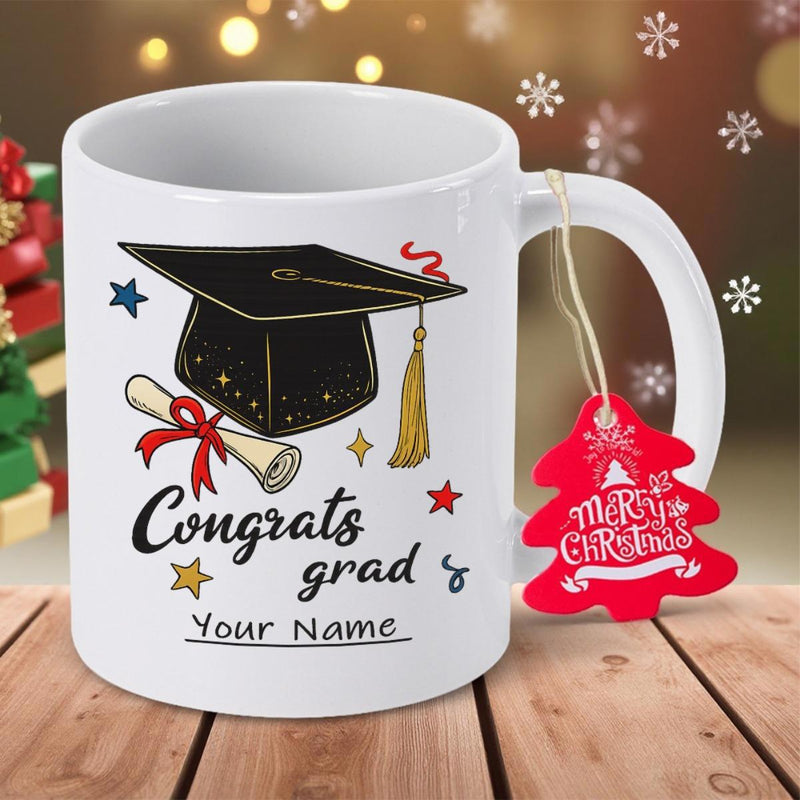 Tailorly White Ceramic 11 oz Mug - Congrats Grad Your Name Classic Black Graduation Cap Beside Tied Diploma Among Shining Little Festive Stars Mortarboard