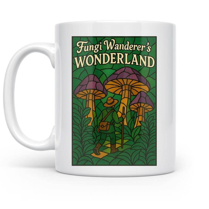 Tailorly White Ceramic 11 oz Mug - Fungi Wanderers Wonderland Vintage Style Explorer Walking Among Giant Purple And Golden Forest Mushroom