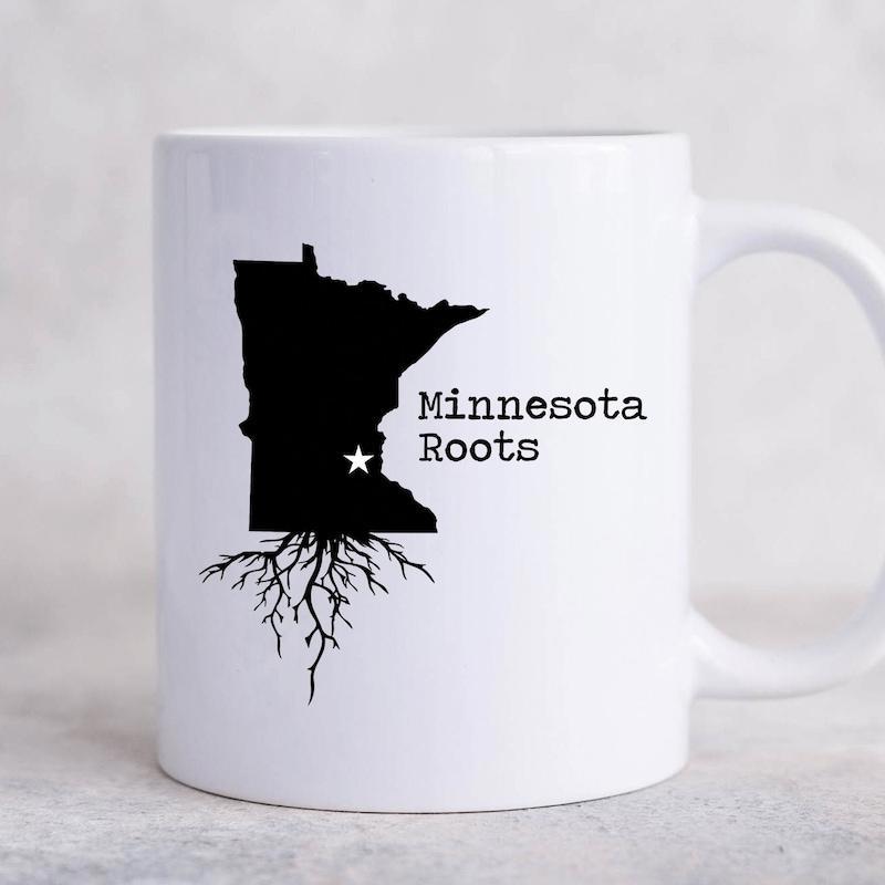 Tailorly White Ceramic 11 oz Mug - Minnesota Roots State Silhouette Map Featuring Deep Branching Tree Roots And Star Map