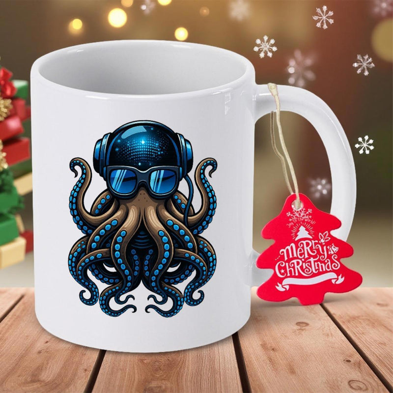 Tailorly White Ceramic 11 oz Mug - Stylized Space Helmet And Cool Blue Sunglasses Wearing Aquatic Deep Sea Octopus