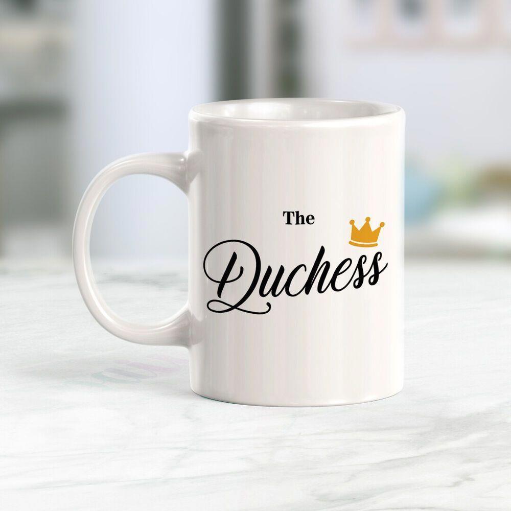 Tailorly White Ceramic 11 oz Mug - The Duchess Minimalist Golden Regal Ornament Set Above Elegant Black Script Crown